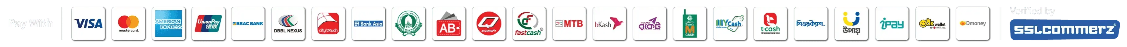 Accepted payment methods — Visa, Mastercard, American Express, UnionPay, bKash, Nagad, Rocket, Upay and other cards, wallets and banks — securely processed and verified by SSLCommerz.