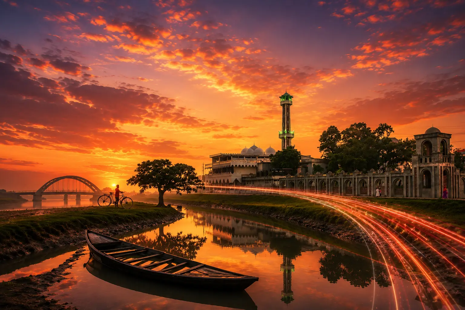 Dusk over Kishoreganj — a historic riverside landmark reflected in still water, wrapped in deep blue evening light.